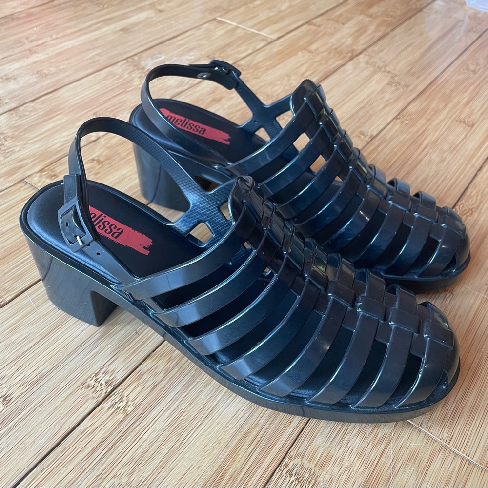 Melissa Black Strappy Block Jelly Heel Sandals - Picture 4 of 5